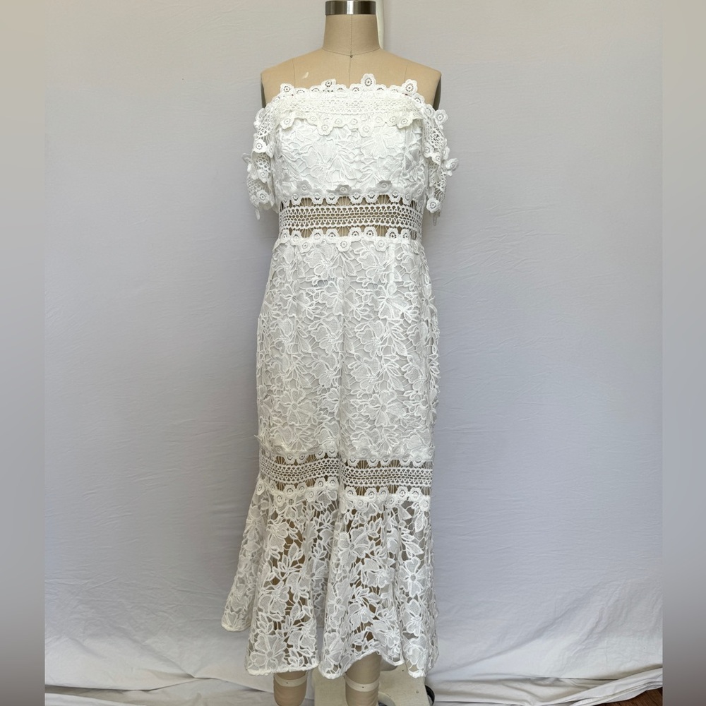 Off-the-shoulder lace bodycon midi mermaid dress - size 8